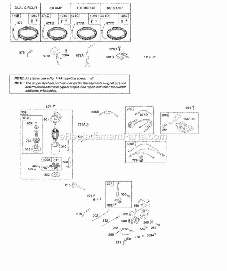 Alternator Controls Electric Starter Governor Spring Ignition Diagram and Parts List for 33M777-1495-B1  Briggs and Stratton Engine